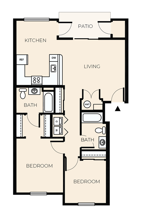 Floor plan for 2 beds, 2 baths, 968 sqft